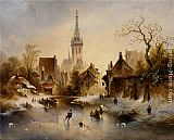 Charles van den Eycken A Winter Landscape with Skaters near a Village painting